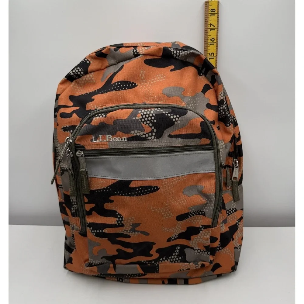 LL‎ Bean 90s Deluxe Backpack Orange Camo Reflective Outdoors School Vintage EUC